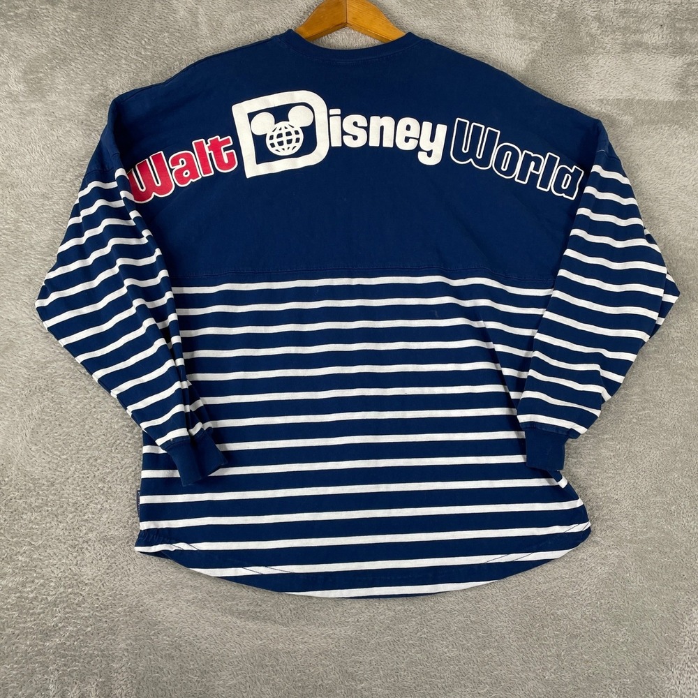 Walt Disney World Spirit Jersey Womens Medium Blue White Striped Nautical Shirt